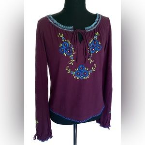 Anna Sui Boho Floral Hippie Maroon Purple Longsleeve Top